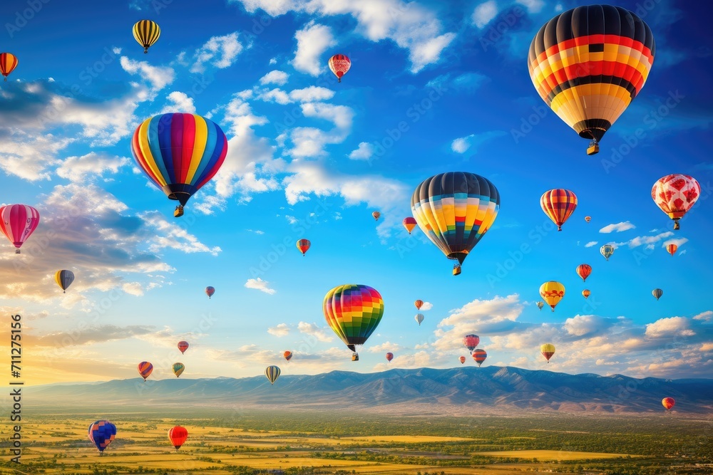 Fototapeta premium Hot Air Balloons Soaring Through the Sky in Colorful Display of Flight, Colorful hot air balloons filling the skies over Albuquerque, New Mexico, AI Generated