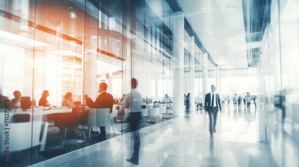Dynamic motion: blurred business professionals in contemporary glass office environment Dynamic motion: blurred business professionals in contemporary glass office environment