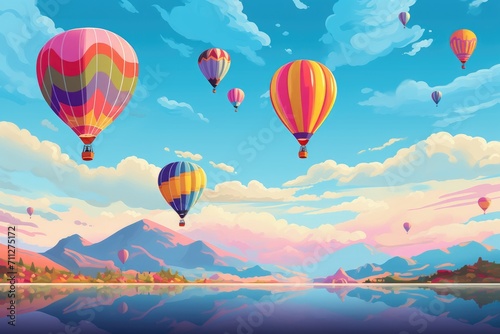 A breathtaking scene of vibrant hot air balloons gracefully floating above a tranquil lake, Colorful hot air balloons floating in a cloudless blue sky, AI Generated