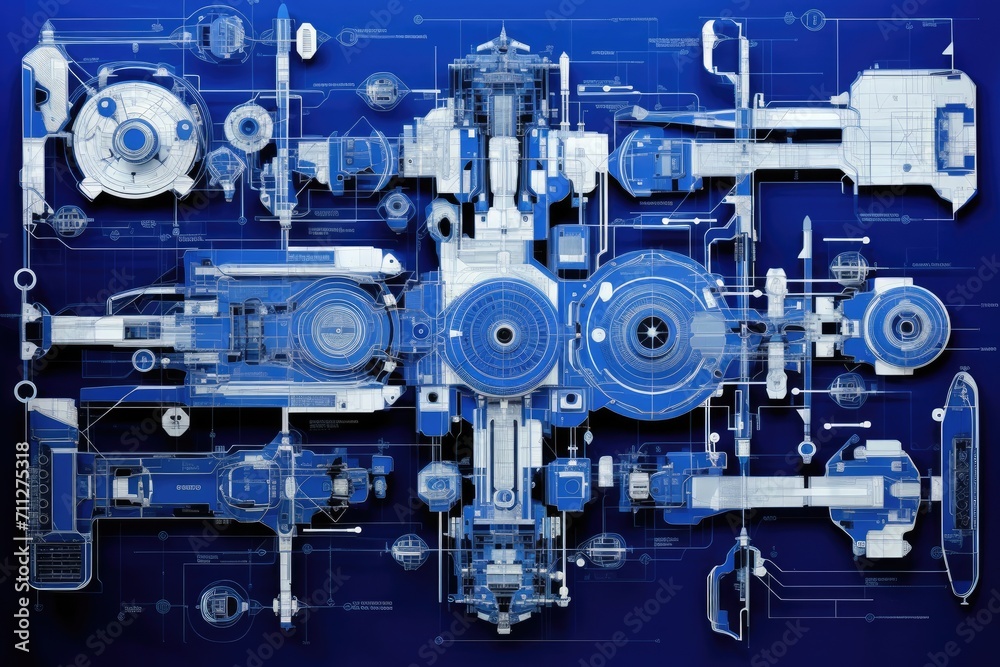 A detailed blueprint drawing showcasing a machine filled with gears and wheels, Complex blueprints of a drone illustrated abstractly, AI Generated A detailed blueprint drawing showcasing a machine filled with gears and wheels, Complex blueprints of a drone illustrated abstractly, AI Generated