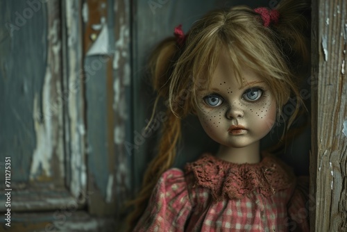 Cursed doll with soul-piercing vacant stare, a malevolent and possessed toy with haunting eyes. © Robert Anto