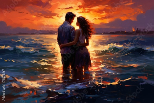 Painting, Couple Standing in Ocean at Sunset on Canvas, Craft the essence of a fiery sunset and deep blue sea meeting together, AI Generated