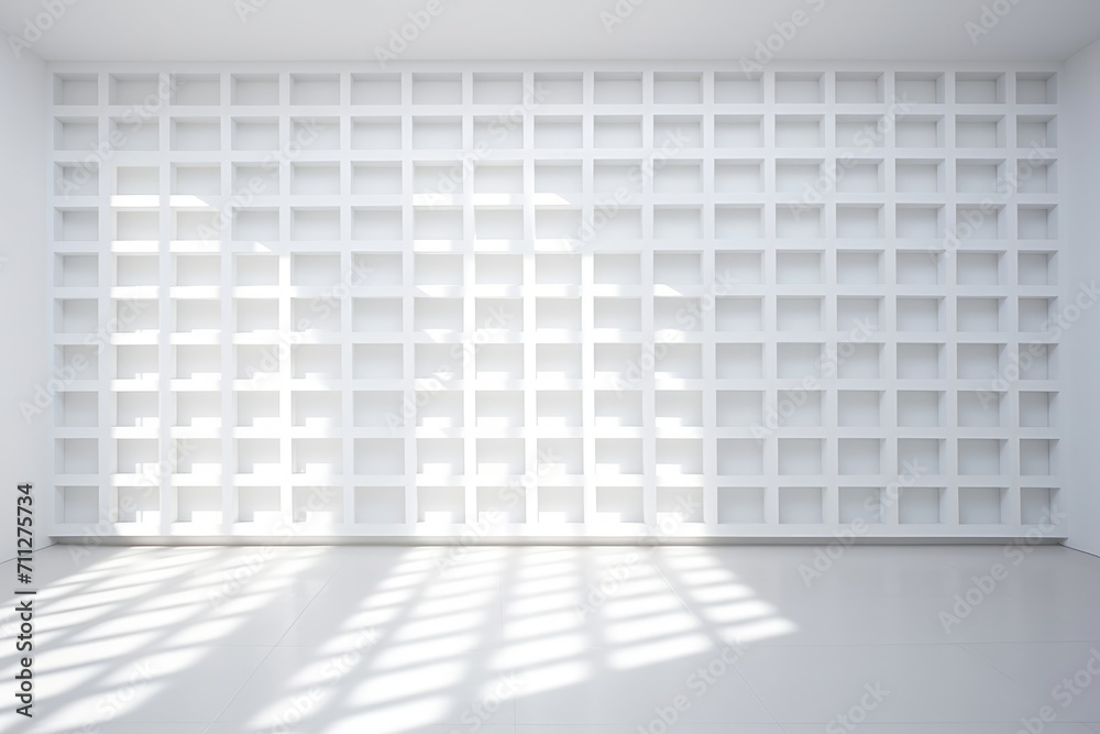 Spacious Room With White Bookcase, Crisp, minimalist lines creating a lattice against a stark white backdrop, AI Generated