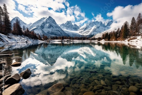 A serene mountain lake glistens amidst a breathtaking backdrop of snow-capped mountains, Crystal clear lake reflecting snow-capped mountains, AI Generated