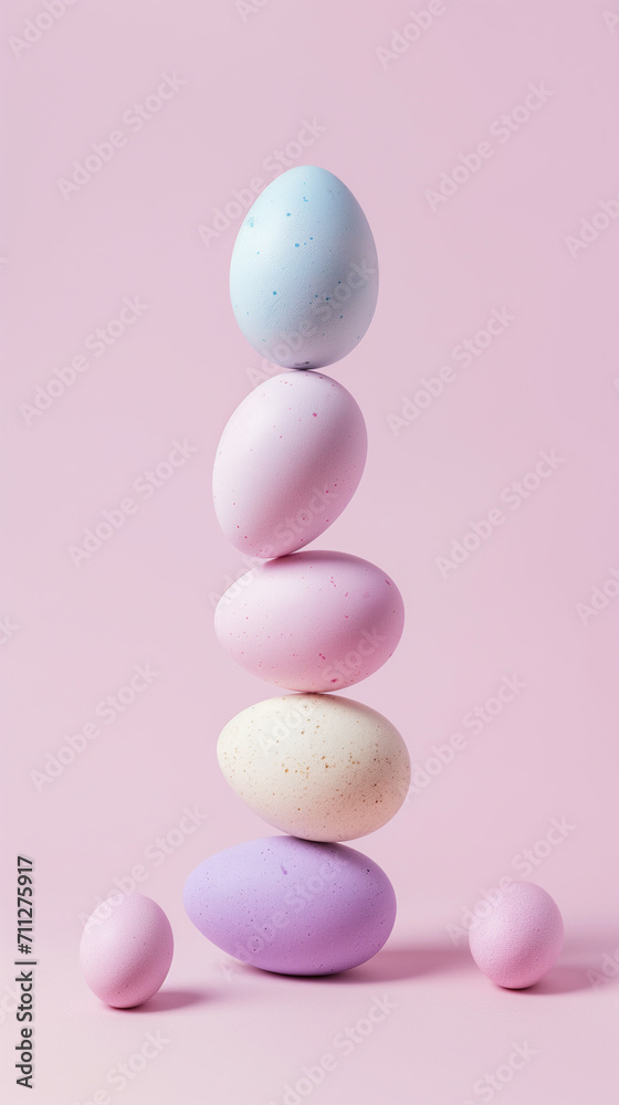 A vertical stack of pastel-colored speckled eggs against a pink background, evoking a creative concept for Easter A vertical stack of pastel-colored speckled eggs against a pink background, evoking a creative concept for Easter