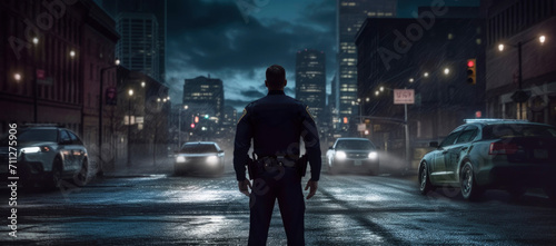 Portrait of a police officer standing from behind at night with a parked police car in the background photo