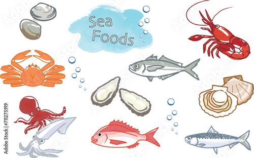 エビや蟹などのシーフードのセット、ベクターイラスト