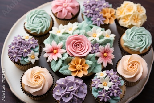 A mouthwatering display of richly frosted cupcakes adorning a clean white plate, Cupcakes decorated with pastel buttercream flowers, AI Generated © Iftikhar alam