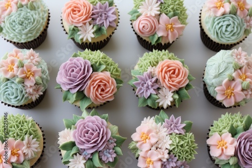 A wide selection of cupcakes adorned with beautiful flowers  making them a delightful dessert choice for any event  Cupcakes decorated with pastel buttercream flowers  AI Generated