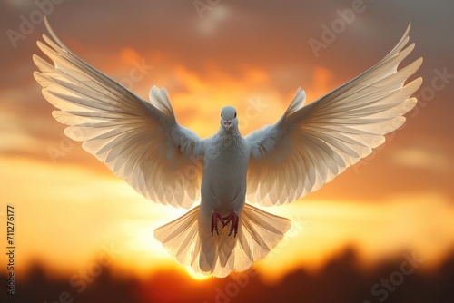 A dove with outstretched wings against the sky at sunrise. Generative AI.