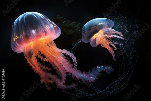 A pair of jellyfish gracefully swim together in the tranquil ocean, Deep-sea creatures communicating via bioluminescence, AI Generated