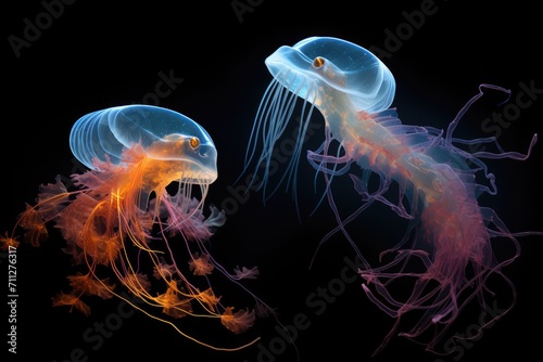 A stunning image showcasing a diverse array of jellyfish gracefully bobbing in the tranquil sea, Deep-sea creatures communicating via bioluminescence, AI Generated