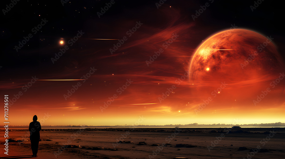 man standing alone on beach looking at a planet with smoke rising