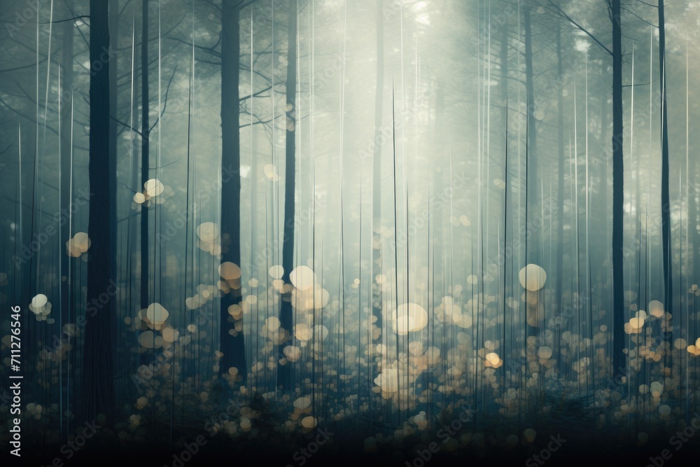 An image showing a dense forest teeming with towering trees, Depiction of a tranquil forest through diffused, abstract patterns, AI Generated