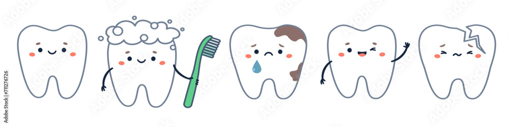 Vector dental set. Cute teeth with faces, sad and funny, healthy teeth ...