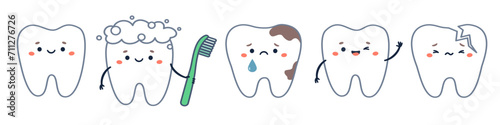 Vector dental set. Cute teeth with faces, sad and funny, healthy teeth and teeth with caries . Vector illustration