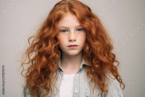 Portrait of a red-haired girl with long curly hair.
