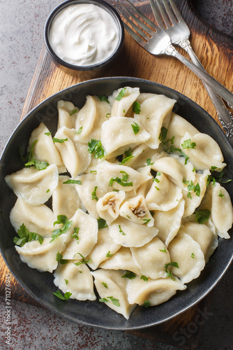 Traditional Polish ravioli dumplings or uszka served with sour cream closeup on the plate on the table. Vertical top view from above photo