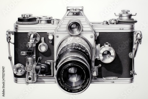 An artistic representation of a classic camera, showcasing the charm and nostalgia of vintage photography, Detailed sketch of iconic vintage camera, AI Generated