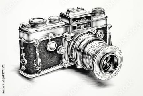 A hand-drawn illustration of a camera, depicting the essence of capturing lifes precious moments, Detailed sketch of iconic vintage camera, AI Generated