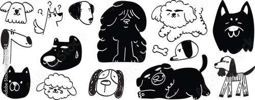 Set of cute dogs clipart vector. Lovely dog and friendly puppy doodle pattern in different poses and breeds with black color. Adorable funny pet and many characters hand drawn collection.