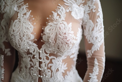 An up-close view of a woman in a bridal gown, Details of a beautiful lace wedding gown, AI Generated