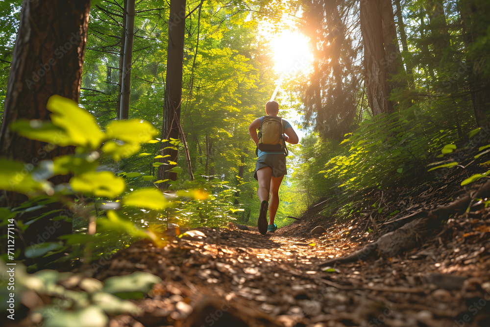 Outdoor Runner in Forest with Sun Streaming Down Outdoor Runner in Forest with Sun Streaming Down