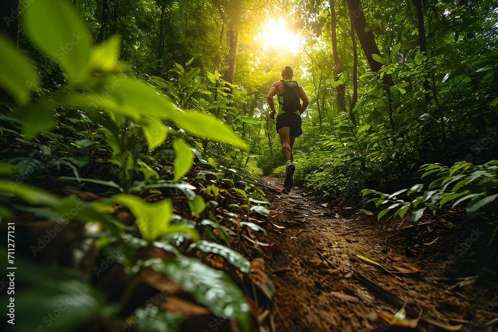 Fototapeta premium Running in the Green Forest at Sunrise