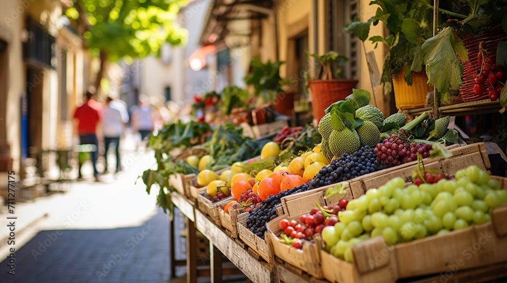 Natural products market in sunny Spanish street. Fresh fruits and vegetables from local farmers.