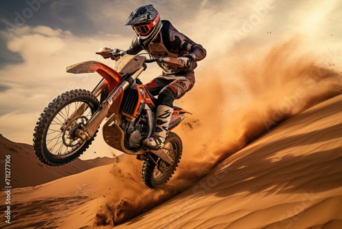 Witness the exhilaration of a person navigating a dirt bike through the vast and rugged desert landscape, Dirt bike jumping over a sand dune in a desert, AI Generated