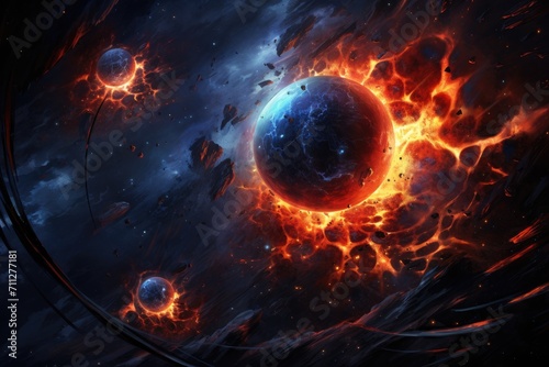 A captivating space scene showcasing a planet engulfed in fiery flames and billowing smoke, Draw an abstract picture of a cosmic collision of orange fireballs with a deep blue abyss, AI Generated