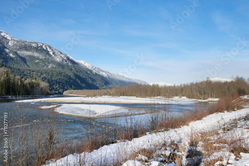 Beautiful winter landscape around Squamish River at the Brackendale Eagle Run in Squamish, British Columbia, Canada