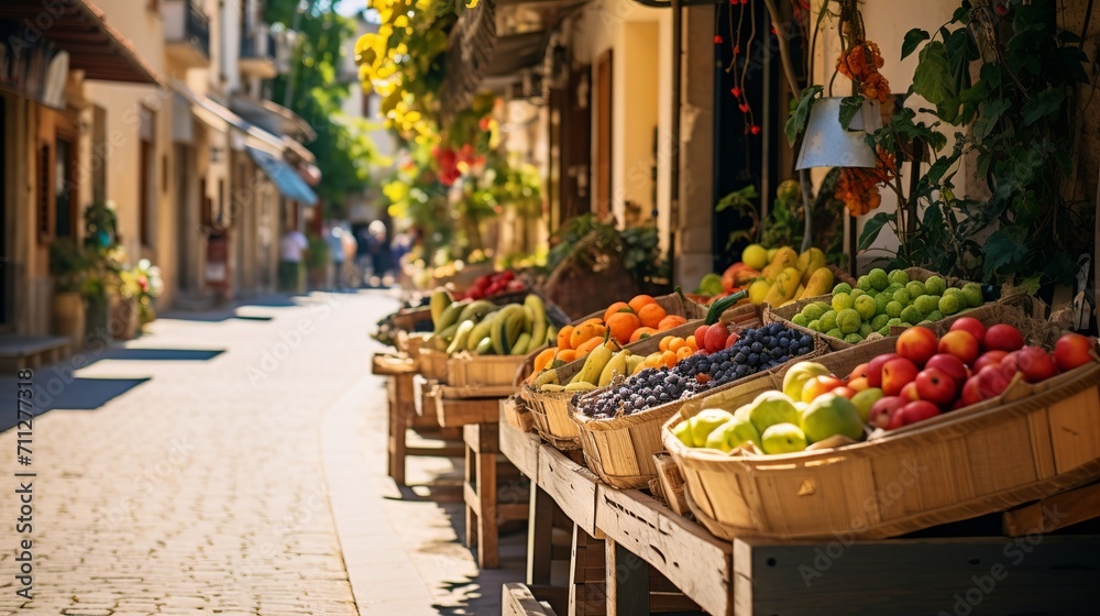 Natural products market in sunny Spanish street. Fresh fruits and vegetables from local farmers.