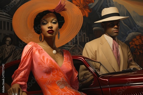 A woman wearing an orange dress and hat stands next to a man dressed in a suit, Eccentric fashion from the Harlem Renaissance, AI Generated