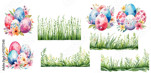 Set of Easter Eggs and Grass, generated ai