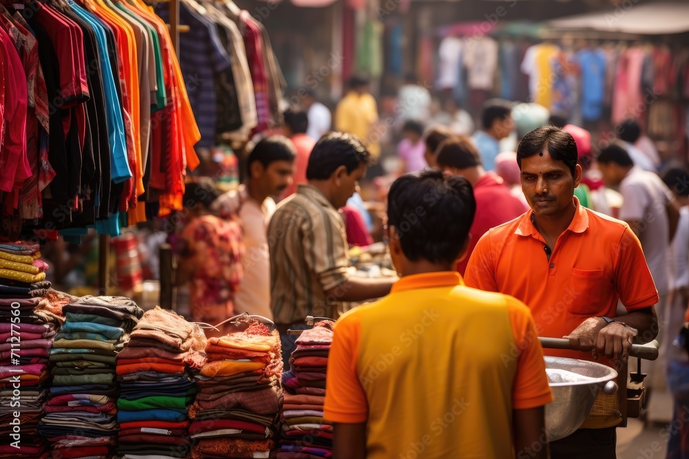A man stands in front of a store filled with clothes, browsing through the wide selection of garments, Ethnic clothing in a busy marketplace setting, AI Generated