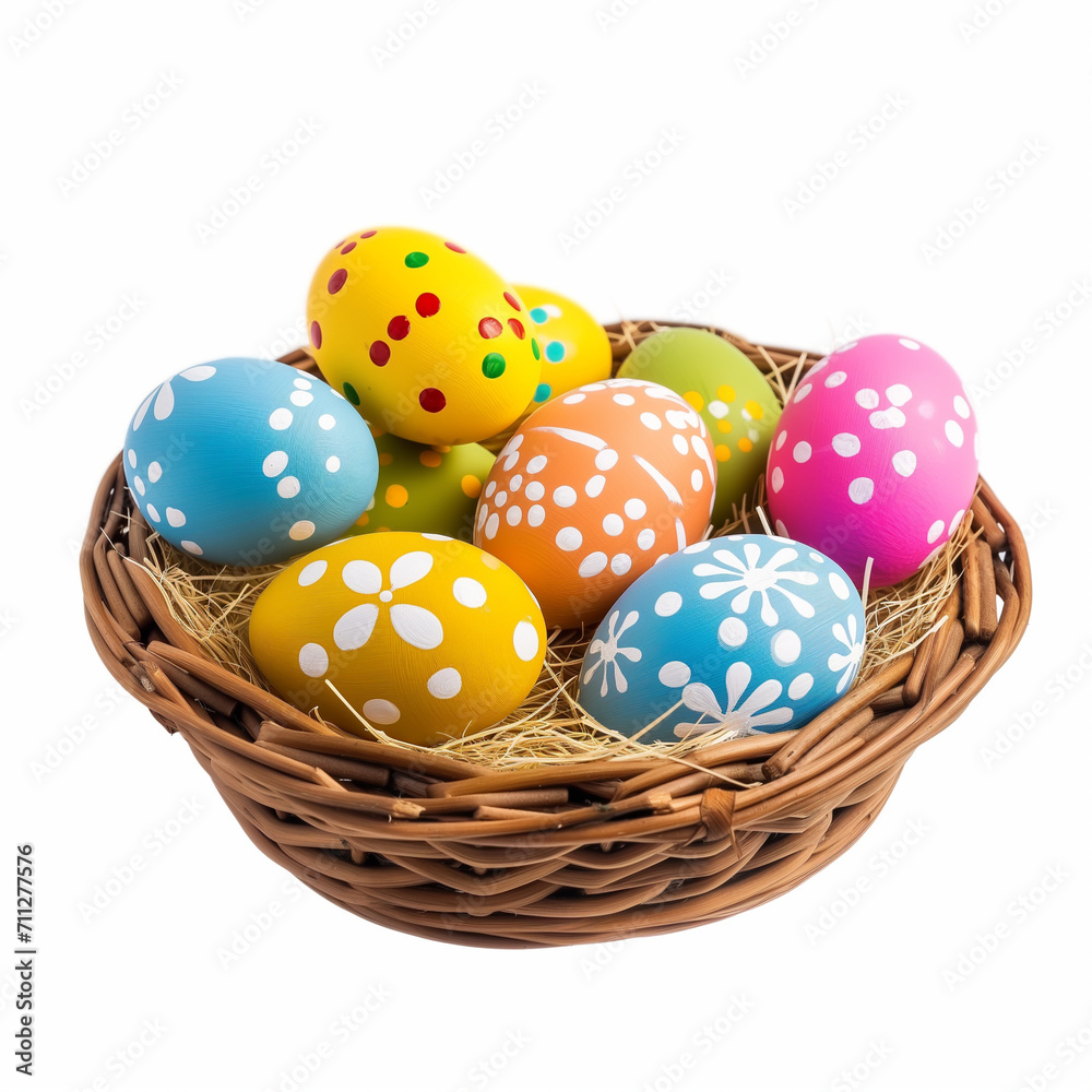 A wicker basket filled with various colorful, patterned Easter eggs isolated on a white background