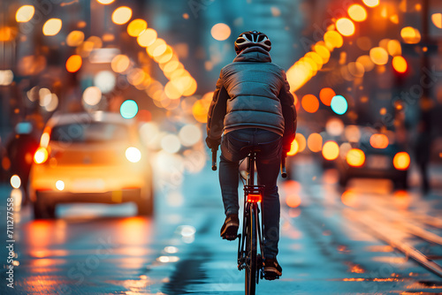 Person Riding a Bike Through Rainy Night on Street