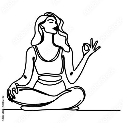 Woman does exercises with hand to relaxation line art drawing style black linear sketch, hand drawing doodle girl engaged in yoga