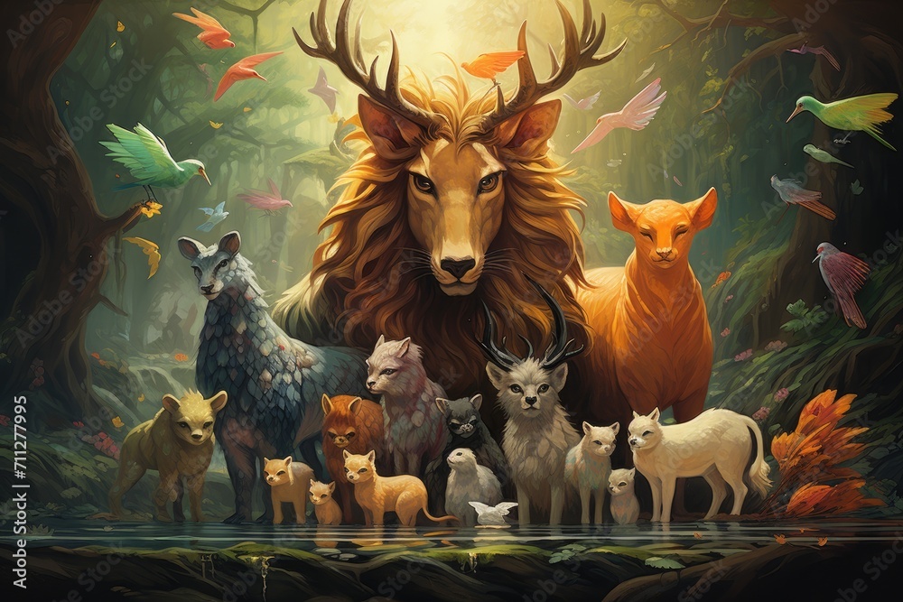 Painting of a Deer Surrounded by Varied Animals, Fantasy depiction of different animals with their offspring, in honor of Mothers Day, AI Generated Painting of a Deer Surrounded by Varied Animals, Fantasy depiction of different animals with their offspring, in honor of Mothers Day, AI Generated