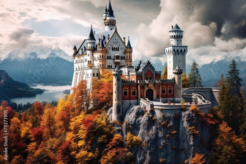 A majestic castle stands proudly atop a cliff, embraced by lush trees and the beauty of nature, Fairytale like castle in the Bavarian mountains, Germany, AI Generated