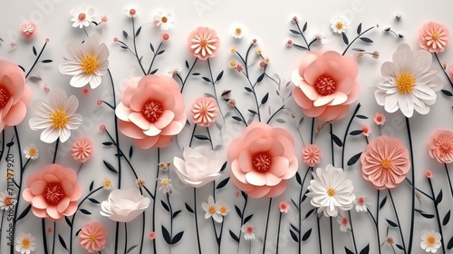 Floral spring pattern in paper cut style. Generative AI. photo