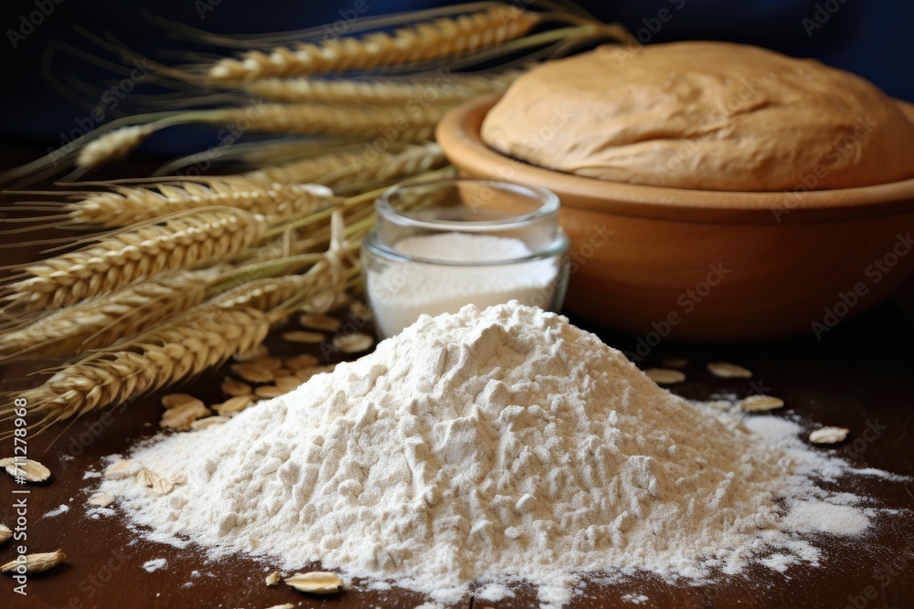 A table showcasing essential baking staples – a bowl of flour sitting next to a freshly baked loaf of bread, Flour made from organic whole grain sprinkled on a countertop, AI Generated A table showcasing essential baking staples – a bowl of flour sitting next to a freshly baked loaf of bread, Flour made from organic whole grain sprinkled on a countertop, AI Generated
