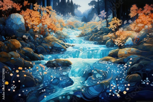 A tranquil painting capturing a meandering river surrounded by a verdant forest, Flowing river of glittering gems, AI Generated