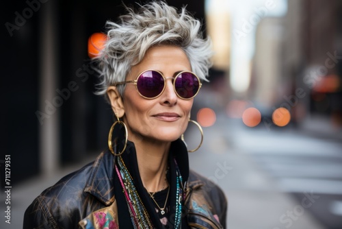 Portrait of a beautiful woman with short hair and sunglasses on the street
