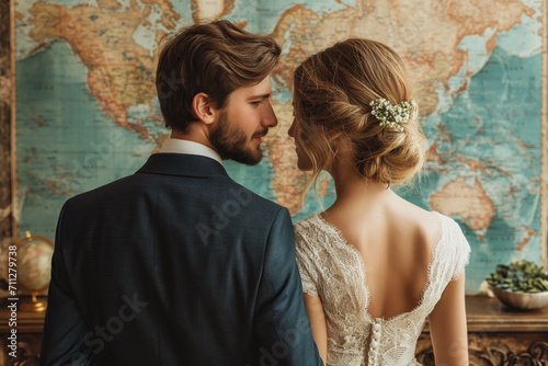 newlyweds discussing their honeymoon in front of a map © Evgeny