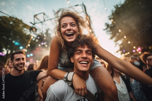 A man lifts a woman on his shoulders as they enjoy the music at a vibrant music festival, Friends carrying a birthday girl on their shoulders during an outdoor concert, AI Generated photo