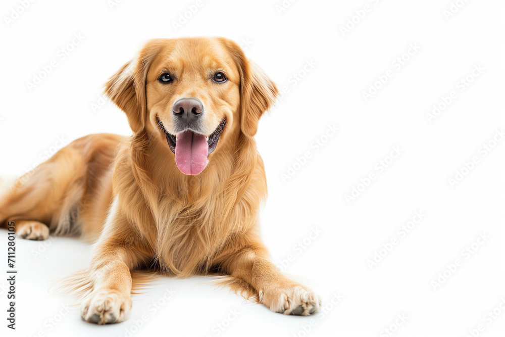 Beautiful adorable golden retriever breed dog lying with tongue out on white background.