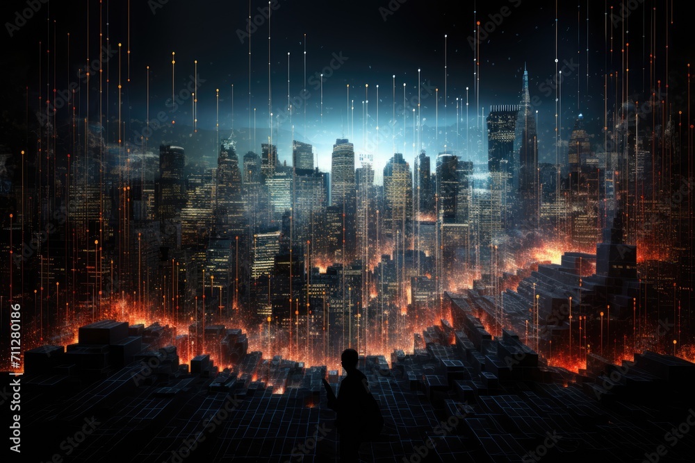 Obraz premium A man stands before a stunning futuristic cityscape, exemplifying the marvels of modern architecture and cutting-edge technology, Futuristic visualization of a stock market crash, AI Generated