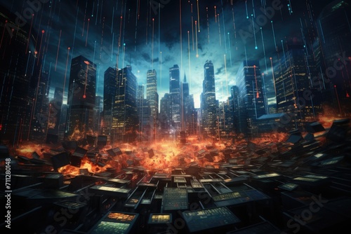 A futuristic cityscape immersed in flames and billowing smoke  depicting a chaotic scene of destruction and peril  Futuristic visualization of a stock market crash  AI Generated